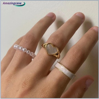 Amaz 3 ชิ้น ผู้หญิง หรูหรา แหวน ชุด ที่เรียบง่าย มุก รูปหัวใจ โลหะผสม แหวนนิ้ว ชุดสามชิ้น สําหรับเด็กผู้หญิง เครื่องประดับ ของขวัญ