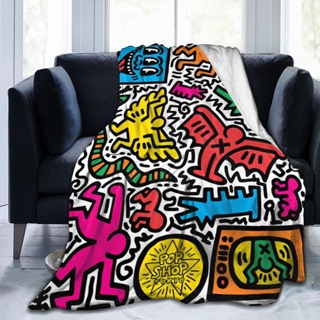 Keith Haring ผ้าห่ม ผ้าสักหลาด แบบนิ่มพิเศษ พิมพ์ลาย ซักทําความสะอาดได้ สําหรับเตียง โซฟา เก้าอี้ ห้องนั่งเล่น