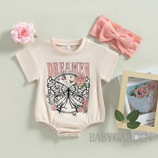 Babygarden-0-18m ชุดรอมเปอร์ แขนสั้น คอกลม พิมพ์ลายตัวอักษร ผีเสื้อ ดอกไม้ + ที่คาดผม โบว์ สําหรับเด็กผู้หญิง