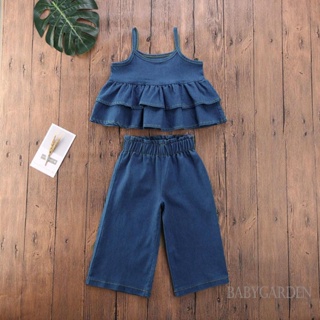 Babygarden-1-6 ปี ชุดเสื้อผ้ายีน แขนกุด และกางเกงขากว้าง เอวสูง สีฟ้า สําหรับเด็กผู้หญิง