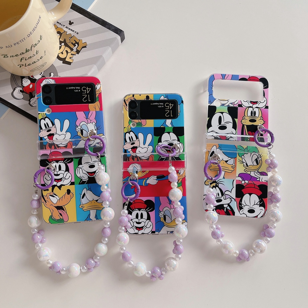 เคสโทรศัพท์มือถือ-pc-แข็ง-กันกระแทก-ลายการ์ตูนดิสนีย์-มิกกี้เมาส์-พร้อมสายโซ่ไข่มุก-สําหรับ-samsung-galaxy-z-flip-4-5g-3in1-z-flip-3