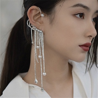 1PC Korean Fashion Pearl Inlaid Diamond Tassel Long Single Ear Hanging Ear Stud Female