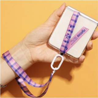 clear case + finger strap + wrist strap set for galaxy z flip 3 4 / hand grip pink checkerboard purple leopard pattern keyring holder