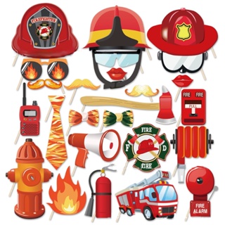25pcs/ Pack Boy Birthday Fire Truck Photo Booth Props Fireman Party Favors Fire Fighting Theme Supplies