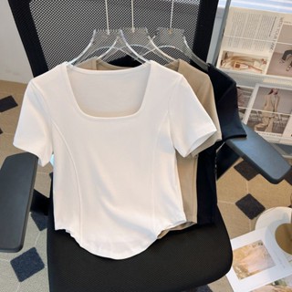 ขายดี เสื้อยืดแขนสั้น คอสี่เหลี่ยม เปิดไหล่ เข้ารูป แฟชั่นฤดูร้อน สําหรับผู้หญิง