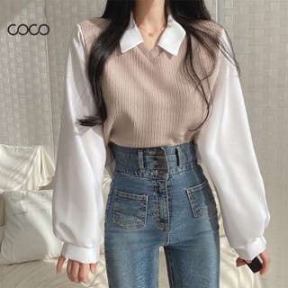 Coco~เสื้อยืด ปลอกคอ POLO เสื้อกันหนาวแขนยาว Splicing สไตล์นักเรียน