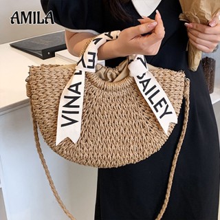 Amila ใหม่ กระเป๋าสะพายไหล่ ผ้าถัก ทรงเมสเซนเจอร์ ความจุสูง แฟชั่นสําหรับผู้หญิง