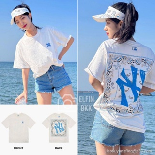 💥รุ่นใหม่💥 แท้ 💯 MLB Checker Board/Paisley/Basic Oversize Tee/T-shirt NY LA เสื้อยืดคอกลม สีขาว สีดำ สีเบจ สีครีม