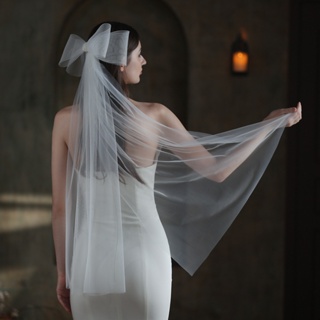 ผ้าโพกศีรษะ แบบสองชั้น ประดับโบว์ สีขาว สําหรับเจ้าสาว งานแต่งงาน