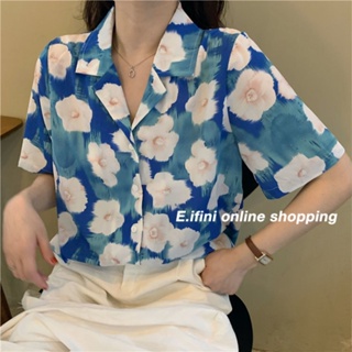 E.ifini เสื้อลายดอก เสื้อฮาวายหญิง แฟชั่น แบบหลวม 2023 NEW MA1616