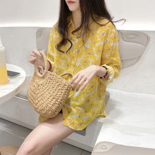 เสื้อเชิ้ตแขนยาว ทรงหลวม ลายดอกไม้ สีเหลือง แฟชั่นฤดูใบไม้ผลิ และฤดูร้อน สไตล์เรโทร สําหรับผู้หญิง