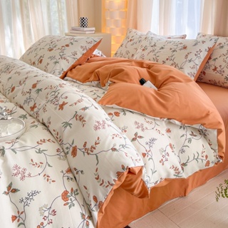【มาใหม่】4 In 1 ชุดเครื่องนอน ผ้าปูที่นอน ผ้าฝ้าย ผ้าลินิน พิมพ์ลายดอกไม้ สีส้ม ปลอกหมอน ผ้านวมย้อมสี ปลอกหมอนเดี่ยว