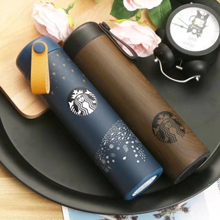 Focuslife Starbucks แก้วกาแฟสเตนเลส 304 มีฉนวนกันความร้อน ลายไม้ พร้อมเชือก