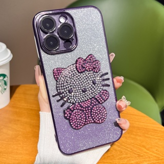 เคสโทรศัพท์มือถือแบบแข็ง แต่งกลิตเตอร์ ไล่โทนสี หรูหรา ลาย Hello Kitty สําหรับ IPhone 14 13 12 Pro Max Plus