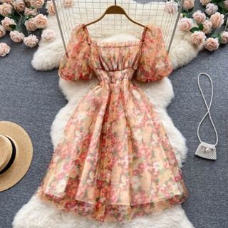 Literary and artistic small fresh mesh chiffon first love dress summer new floral high waist sweet little fairy dress