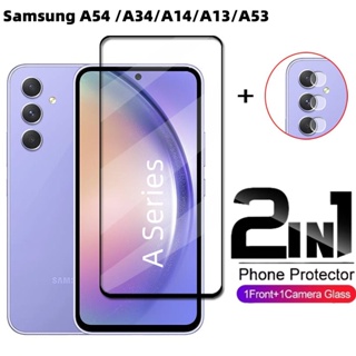 2in1 ฟิล์มกระจกนิรภัยกันรอยหน้าจอ แบบใส ป้องกันเลนส์กล้องหน้า หลัง สําหรับ Samsung Galaxy A54 5G A53 A52S A52 A34 A33 A23 A14 LTE A135F A13 A12 4G 5G 9H