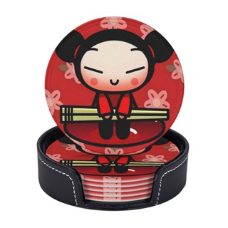 【6 ชิ้น】ที่รองแก้วหนัง Pucca ทรงกลม พร้อมกล่องเก็บ สําหรับป้องกันเฟอร์นิเจอร์ รอยขีดข่วน และความเสียหาย