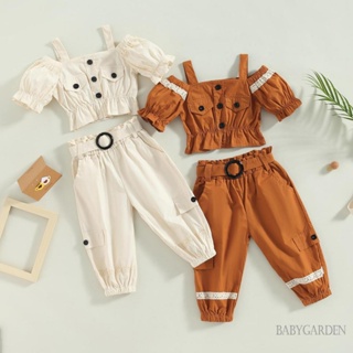 Babygarden-1-6 ปี ชุดเสื้อผ้าเด็กผู้หญิง, เสื้อเปิดไหล่ แขนสั้น + กางเกงคาร์โก้