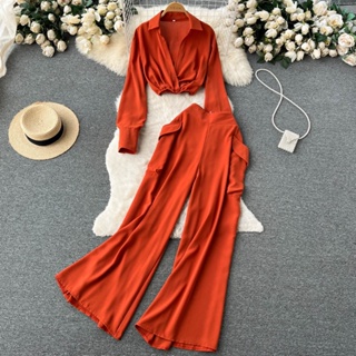 Spring and autumn socialite suit female lapel short sexy shirt + drooping wide leg long trousers two-piece set