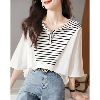 [แนะนําแฟชั่น] เสื้อแขนสั้น ลายทาง สีกรมท่า แฟชั่นฤดูร้อน