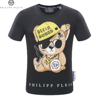 PHILIPP PLEIN Philip Short-Sleeved T-Shirt Bear Hot Rhinestone Printing Fashion Slim-Fit Pure Cotton Trendy Street _01