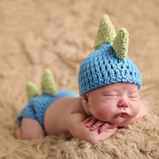 Casual Winter Newborn Blue Dinosaur Shape Knitted Conjoined Cap Photography Costume Baby Suit