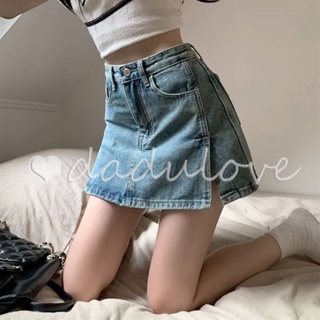DaDulove💕 New Korean Version of Denim Short Skirt Female Niche High Waist A- line Skirt Open Large Size Slit Skirt