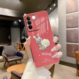 2023 New Offer Phone Case เคส VivoV27 VIVO V27e V27 Pro 5G Y02A Casing Luxury Elegant White Camellia Rhinestone Rabbit Soft Case for VIVO V27 5G เคสโทรศัพท