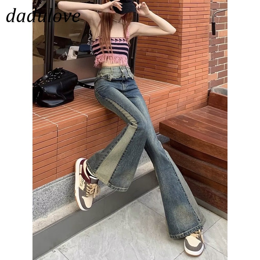 dadulove-new-korean-version-of-ins-retro-jeans-high-waist-stitching-womens-flared-pants-large-size-trousers