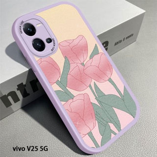 สําหรับ Vivo V9 V15 S1 Pro V11i V23 V23E V25 5G เคสโทรศัพท์มือถือ หนัง PU ซิลิโคนนิ่ม ลายการ์ตูนดอกทิวลิป สีชมพู