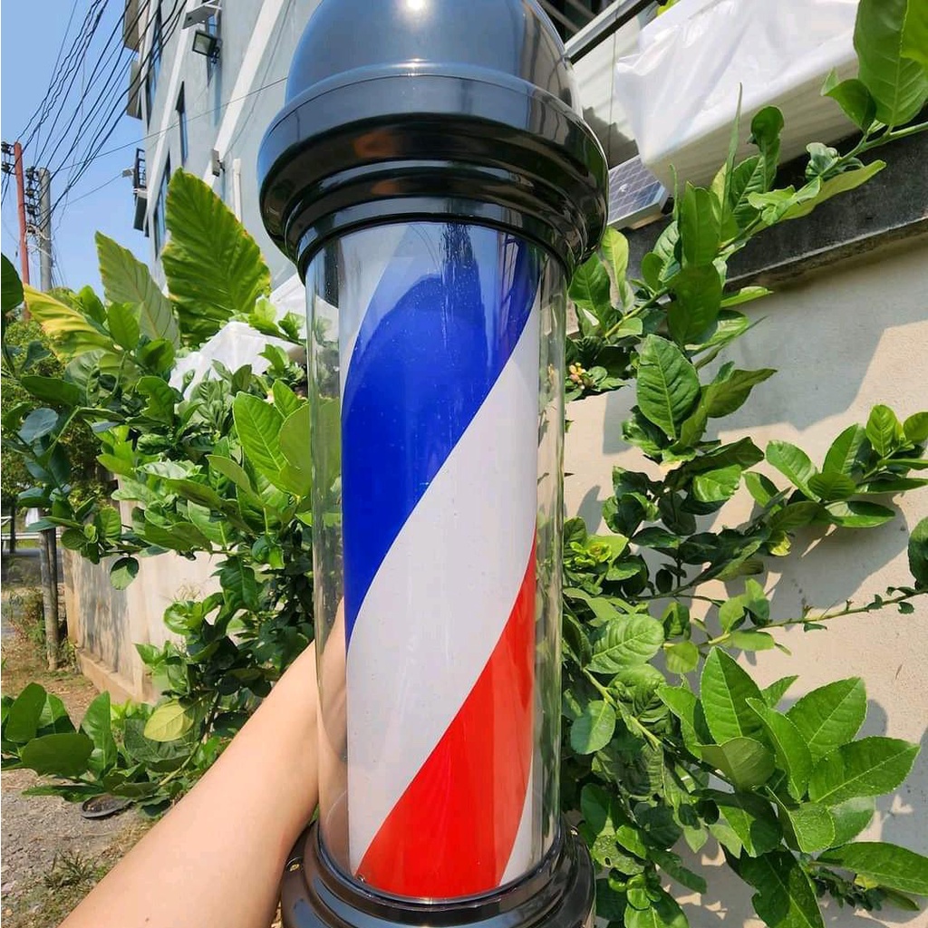 ตัดผมชาย-บาร์เบอร์-ไฟหมุนbarber-pole-ตกแต่งร้านตัดผม-ลายน้ำเงิน-ขาว-แดง