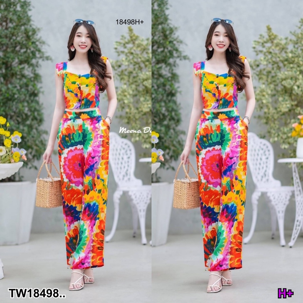 s4u-พร้อมส่ง-set-เสื้อสายเดี่ยวมัดย้อม-กางเกงขายาวมัดย้อม-เสื้อผ้าแฟชั่นผู้หญิง-ชุดไปทะเล-ชุดเซ็ท-ชุดทำงาน-สาวอวบ