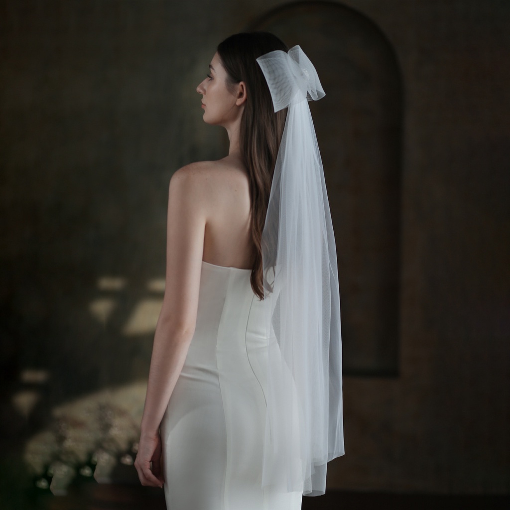 ผ้าโพกศีรษะ-แบบสองชั้น-ประดับโบว์-สีขาว-สําหรับเจ้าสาว-งานแต่งงาน