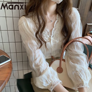Manxi เสื้อเกาหลี เสื้อกันแดด ลายลูกไม้ แขนยาว2023 ใหม่ A25K0KETH