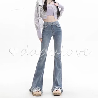 DaDulove💕 New Korean Version of INS Light Blue High-waisted Jeans Niche Raw Edge Micro Flared Pants WOMENS Trousers
