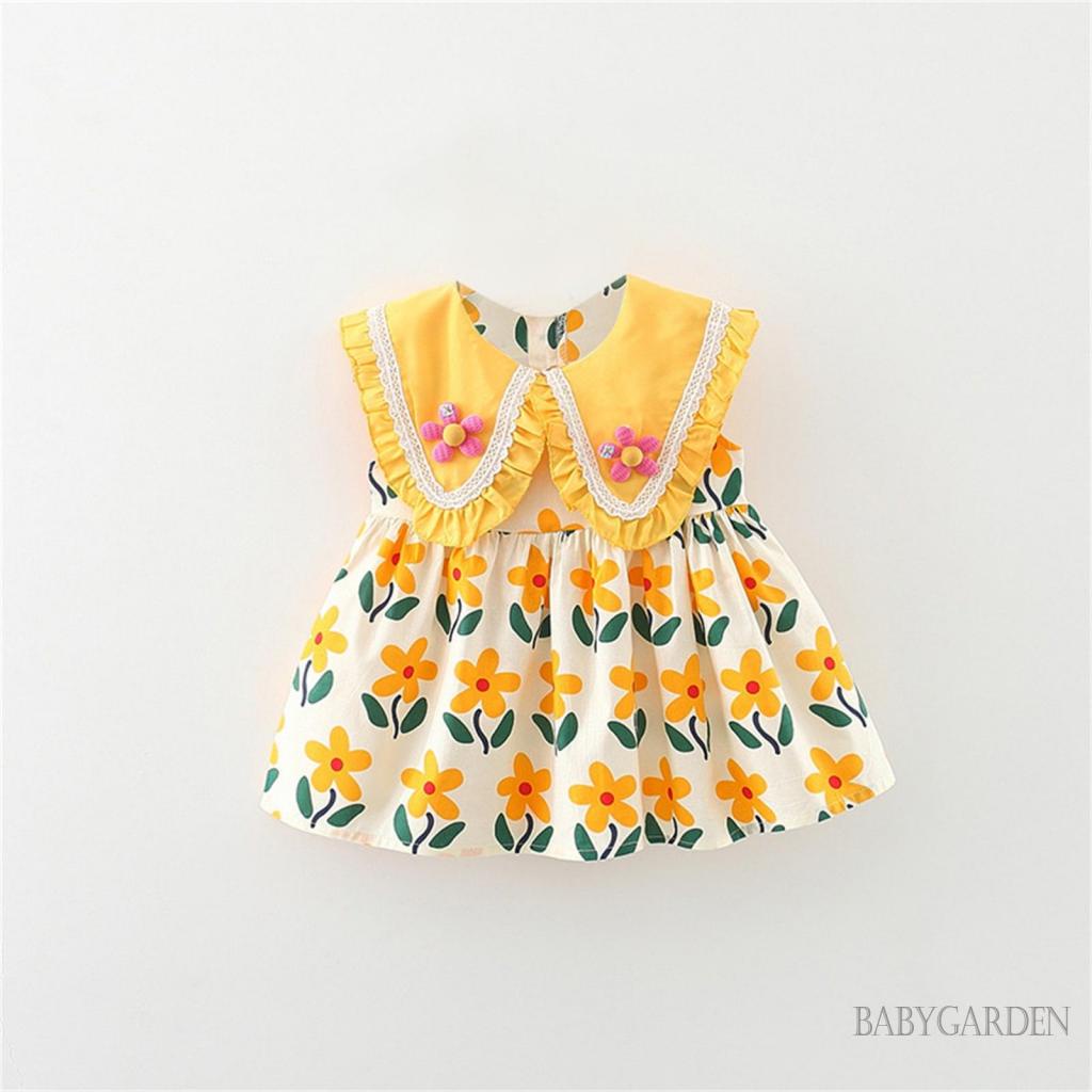 babygarden-9m-2y-ชุดเดรสเจ้าหญิง-แขนกุด-คอปก-ลายดอกไม้-สีแดง-สีเหลือง-สําหรับเด็กผู้หญิง