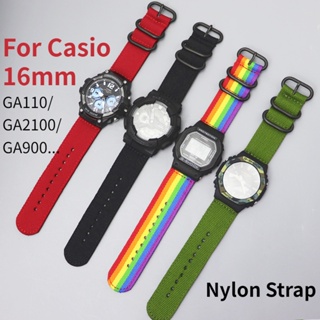 สายนาฬิกาข้อมือไนล่อน 16 มม. หัวเข็มขัดสเตนเลส สีเงิน สีดํา สีรุ้ง สําหรับ Casio GM110 GM2100 GA900 GA110 GA2100