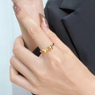 แหวนไทเทเนียม รูปโบว์น่ารัก สีทอง 18K ไม่ซีดจาง กันสนิม สําหรับผู้หญิง