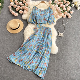 Summer Chiffon Floral Women Vacation 2 Piece Sets Lantern Sleeve Crop Tops and Elastic Waist Pleated A Line Skirts Suits Bohemia Beach Outfits