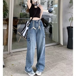 DaDuHey💕 2022 Women Fashion Hip Hop Patch Pocket Profile Jeans Retro Washed Loose Cargo Pants Trousers