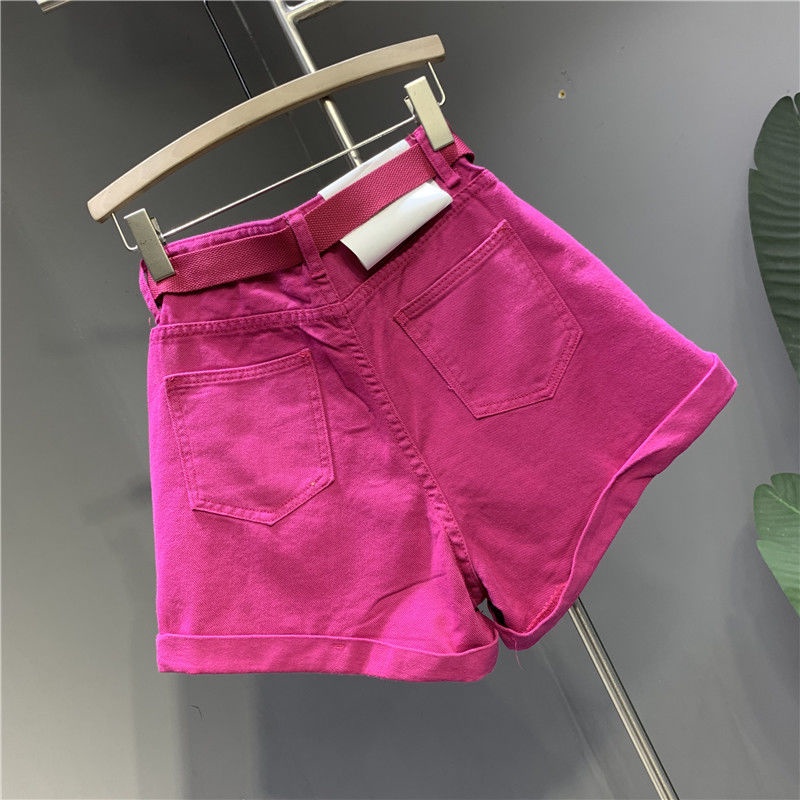 rose-red-shorts-กางเกงยีนส์ขาสั้น-2023-ฤดูร้อนใหม่แฟชั่นรีดขอบยางยืดเอวสูงกางเกงขากว้าง