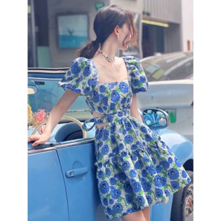 ชุดเดรสกระโปรงสั้น แขนพัฟ คอสี่เหลี่ยม ลายดอกไม้ สีฟ้า เหมาะกับฤดูร้อน สําหรับสตรี
