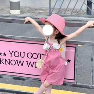 【ชุดเอี๊ยมเด็กผู้หญิง 】กางเกงรัดรูปสีชมพูสำหรับสาว 2023 ชุดฤดูร้อนชุดเด็กเกาหลีเด็กเล็กขนาดกลางกางเกงลำลองสองชิ้น