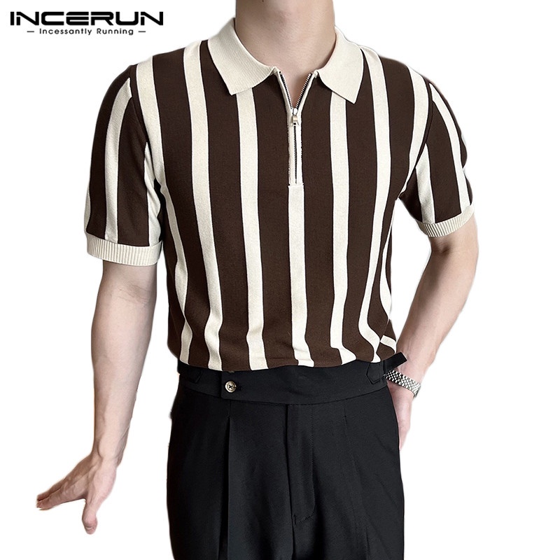 ภาพหน้าปกสินค้าINCERUN Vintage Stripe Zipper Short Sleeve T-Shirt Casual Polo Top จากร้าน incerun.th บน Shopee