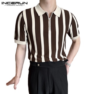 ภาพหน้าปกสินค้าINCERUN Vintage Stripe Zipper Short Sleeve T-Shirt Casual Polo Top ที่เกี่ยวข้อง