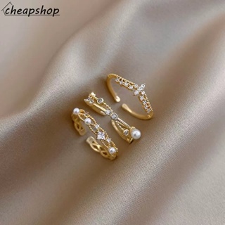 IFYOU Square Crystal Crown Cross Ring Retro Pearl Gold Opening Adjustable Ring Set for Women Jewelry Accessories
