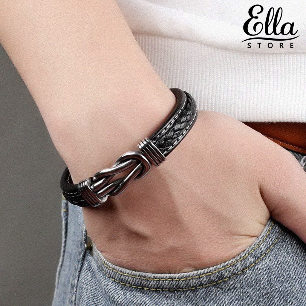 ellastore123-กําไลข้อมือหนังเทียม-แบบถัก-โลหะผสม-สไตล์ฮิปฮอป-เครื่องประดับแฟชั่น-สําหรับผู้ชาย