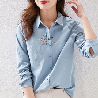 C26✐✆▧เสื้อเชิ้ตสีขาวผ้าฝ้าย 100% ความรู้สึกระดับไฮเอนด์ของผู้หญิง 2022 ฤดูใบไม้ผลิและฤดูใบไม้ร่วงใหม่เย็บปักถักร้อยแขนย