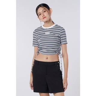 ESP เสื้อทีเชิ้ตลายทางแต่งย่น ผู้หญิง สีน้ำเงินตัดขาว | Side Ruched Stripe Tee Shirt | 5714