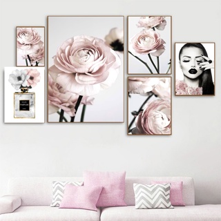 ภาพวาดผ้าใบ ลายดอกไม้ ปารีส สีชมพู สไตล์นอร์ดิก สําหรับตกแต่งผนัง ห้องนั่งเล่น
